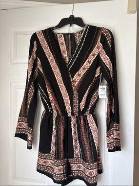 Charlotte Russe Black Floral Stripe Long Sleeve Romper with Pink Accents